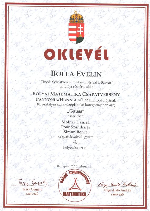 Bolla Evelin oklevele
