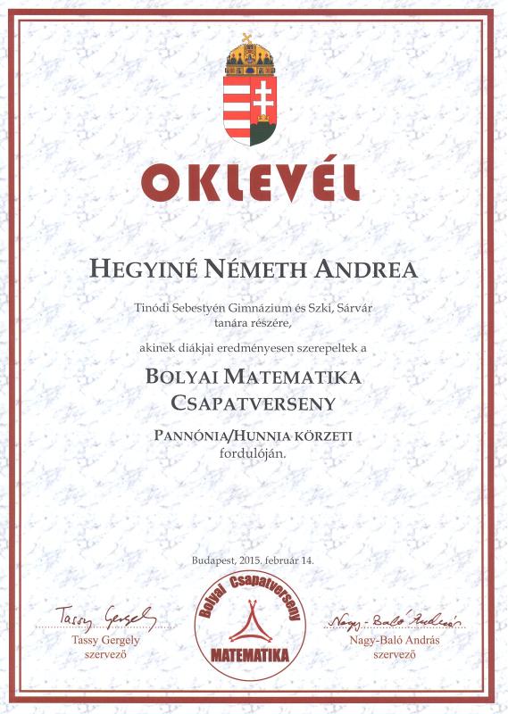 Hegyiné Németh Andrea oklevele