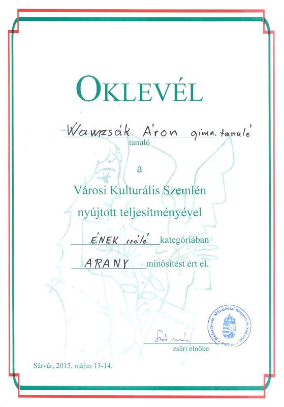 Wawrzsák Áron oklevele