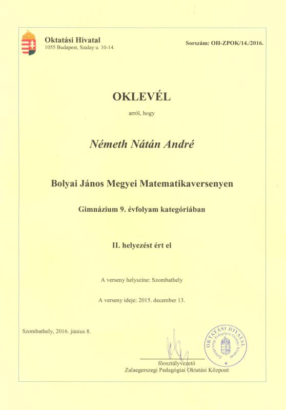 Németh Nátán 9.B osztályos tanuló oklevele