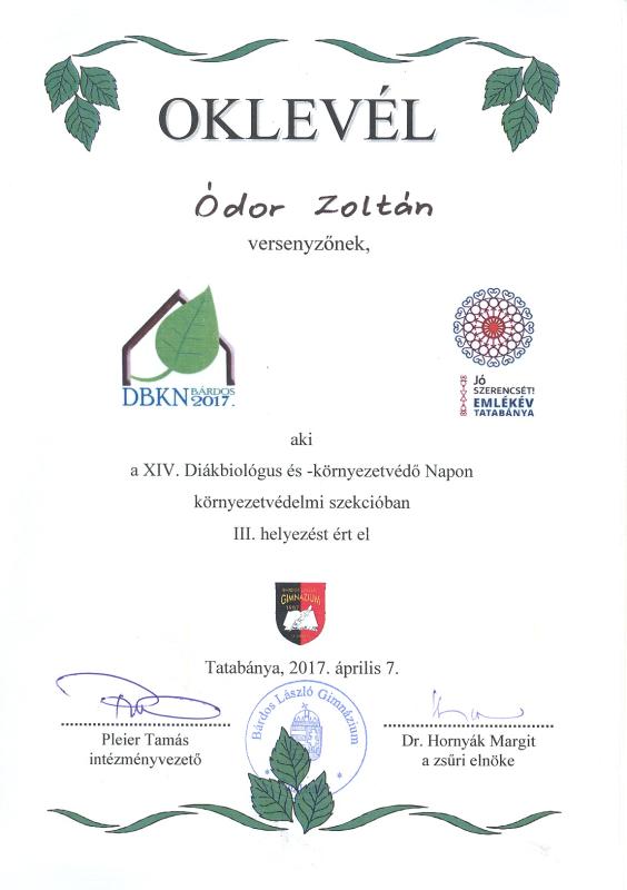 Ódor Zoltán 9.A osztályos tanuló oklevele