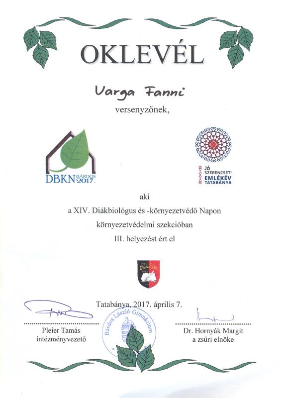 Varga Fanni 9.A osztályos tanuló oklevele