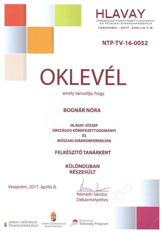 Bognár Nóra felkészítő tanár Különdíja