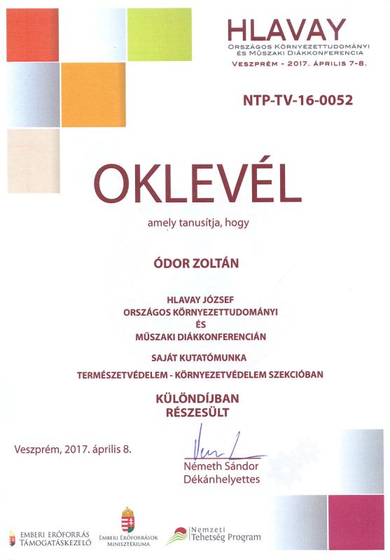 Ódor Zoltán 9.A osztályos tanuló Különdíja