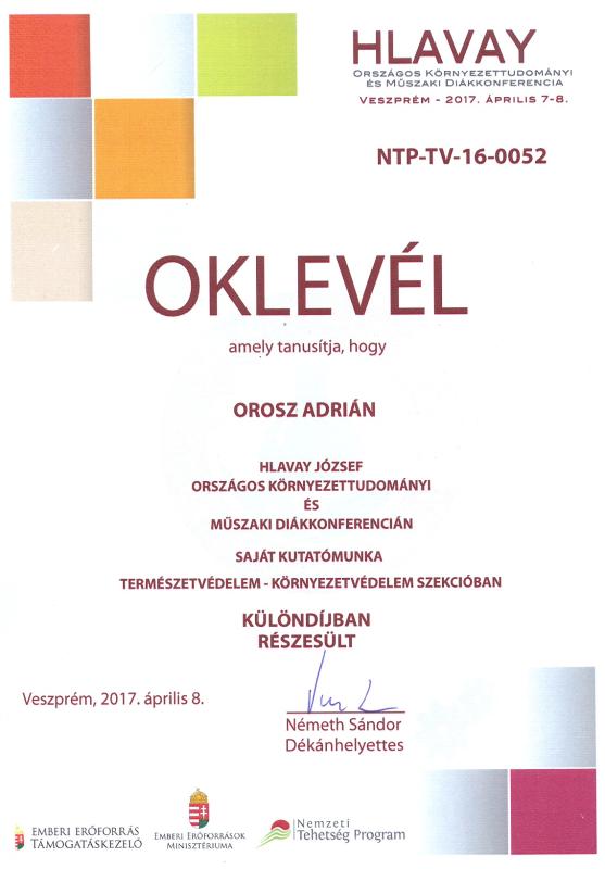 Orosz Adrián 9.A osztályos tanuló Különdíja
